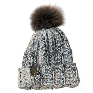 MADE WITH LOVE Adult Women's Winter Beanie Hat Designer Pom Pom Trendy Blue/Gray